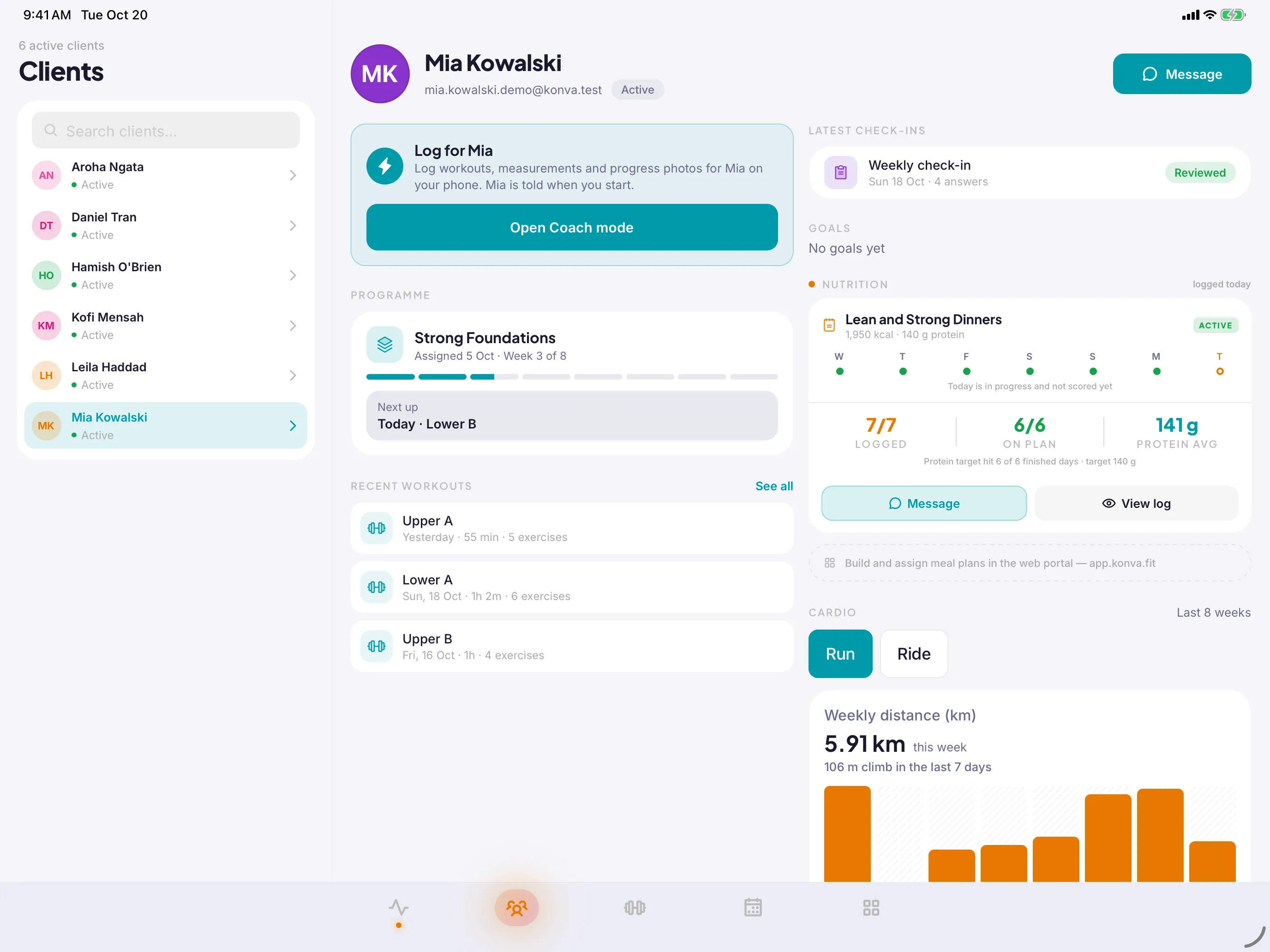 The iPad client list with Mia Kowalski open: Log for Mia, her Strong Foundations programme, recent workouts, latest check-in, nutrition adherence and weekly running distance.